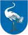 A coat of arms depicting a grey bird with a long, twisting neck, a yellow, pointy beak, and long yellow legs all on a dark blue background