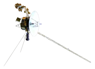 Artist's rendering of the Voyager spacecraft, a small-bodied spacecraft with a large, central dish with multiple arms and antennas extending from the dish