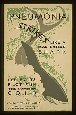 A poster with a shark in the middle of it, which reads "Pneumonia Strikes Like a Man-Eating Shark Led by its Pilot Fish the Common Cold"