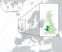 Location of&nbsp;Wales&nbsp;(dark green) –&nbsp;in Europe&nbsp;(green &&nbsp;dark grey) –&nbsp;in the United Kingdom&nbsp;(green)