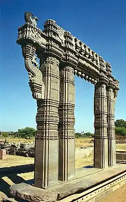 Kakatiya Kala Thoranam (the Warangal Gate) built in the 12th century by the Kakatiya dynasty; the Warangal Fort temple complex was destroyed in the 1300s by the Delhi Sultanate.[141]