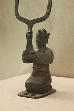 A bronze oil lamp stand shaped like a man in shenyi, Warring States.