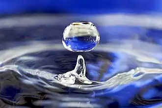 A drop of water falling towards water in a glass