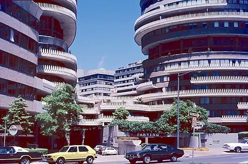 The brutalist Watergate complex with intricate, modern cement designs