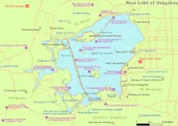Map of West Lake with the location of the Yue Fei Temple
