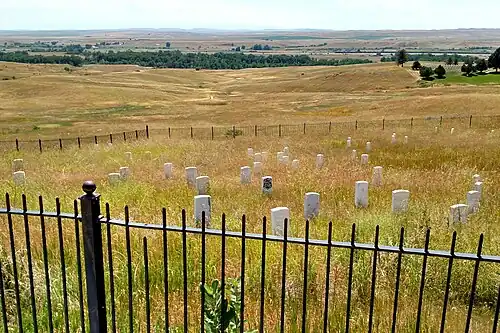 Marker indicating where General Custer fell among soldiers – denoted with black-face, in center of photo