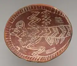 White cross-lined bowl with four legs; 3700–3500&nbsp;BC; painted pottery; height: 15.6&nbsp;cm, diameter: 19.7&nbsp;cm; Metropolitan Museum of Art