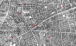 Victorian map of London marked with seven dots within a few streets of each other