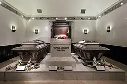 Crown Prince Rudolf's coffin lies to the right of his parents' coffins in the Imperial Crypt in Vienna.
