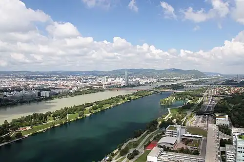 The New Danube in the front, the main Danube in the back, with the Donauinsel in-between