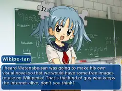 A cartoon girl in a sailor outfit stands in front of a photograph of a green chalkboard. The lower-third screen is covered by a translucent dialogue box.