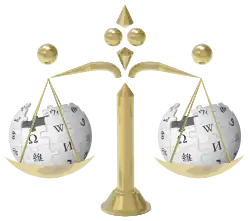 A scale of justice with two Wikipedia logos being weighed
