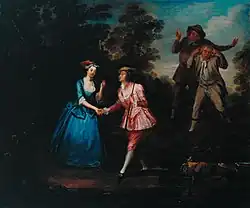 A woman meets a man in a sylvan scene. She wears a blue silk dress, and he—an actress dressed as a man—wears a pink silk jacket and breeches, with white stockings and silver-buckled shoes. They each solicitously clasp the other's right hand, while two rude men in more humble attire look on.
