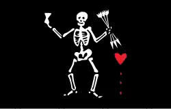 Flag associated with William Moody. Described as “A black Flag, having a white Man painted in it, with three Arrows, whose Points were turn’d toward a red Heart, and underneath it were some red Spots, resembling Blood.”[25]