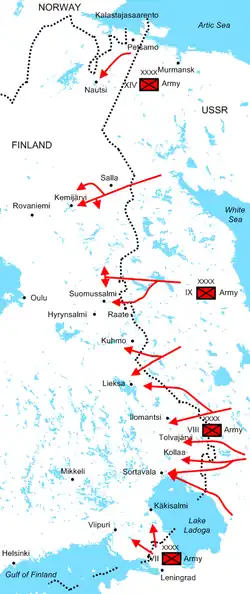 Diagram of Soviet offensives at the start of the war illustrating the positions of the four Soviet armies and their attack routes. The Red Army invaded dozens of kilometres deep into Finland along the 1,340 km border during the first month of the war.