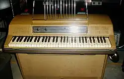 Photograph of the front of a Wurlitzer electric piano, showing keyboard