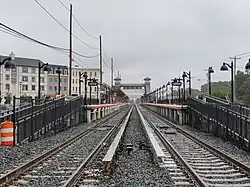The completed second track, as viewed from the reconstructed Wyandanch station.