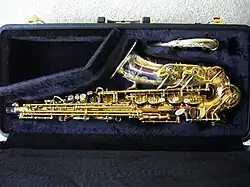 Yanagisawa A9932J alto saxophone: has a solid silver bell and neck with solid phosphor bronze body. The bell, neck and key-cups are extensively engraved. Manufactured in 2008