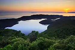 A photograph of a coastline with a sky above that fades from blue at the top through yellow in the middle to orange at the horizon and a dark forest in the foreground