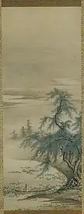 Kanō Masanobu, 15th century founder of the Kanō school, which dominated Japanese brush painting until the 19th century, Zhou Maoshu Appreciating Lotuses, hanging scroll[60]