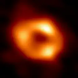 An orange disc of gases surrounding a black hole, with bright spots visible within the disk