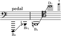  {
    \new Staff \with { \omit Score.TimeSignature }
    \clef bass \key c \major \cadenzaOn \omit Stem
    b,,,4 ^ "pedal" _ \markup \tiny "B₀"
    \glissando s bes,, _ \markup \tiny "B♭₁"
    \bar "|"
    b,,1 _ \markup \tiny "B₁"
    \glissando \clef tenor d'' ^ \markup \tiny "D₅"
    \grace f''4 ^ \markup \tiny "↑"
  }