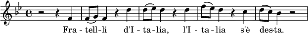 \relative f' { 
    \clef treble 
    \time 4/4 
    \key bes \major 
    
    r2 r4 f | (f8 g8) f4 r d' | (d8 ees8) d4 r d | (f8 ees8) d4 r c | (d8 c8) bes4 r2 |
} 
\addlyrics {  
Fra -- tell -- li
  d'I -- ta -- lia,
  l'I -- ta -- lia
  s'è des -- ta. }