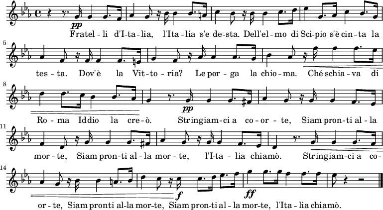 \relative f' { 
    \clef treble 
    \time 4/4 
    \key ees \major 
    
r4 r8. g16\pp g4 g8. f16 |
aes4 g8 r16 bes bes4 bes8. a16 |
c4 bes8 r16 bes bes4 c8. d16 |
ees4 g,8. aes16 c4 bes8. g16 |
aes4 f8 r16 f f4 f8. e16 |
g4 f8 r16 aes aes4 aes8. g16 |
bes4 aes8 r16 \<f' f4 f8. ees16 |
d4 d8. c16 bes4 bes8. aes16 |
g4\! r8. g16\pp g4 g8. fis16 |
aes4 g8 r16 g g4 f8. ees16 |
f4 d8 r16 g g4 g8. fis16 |
aes4 g8 r16 g g4 f8. ees16 |
d4 r8. g16\< g4 g8. f16 |
aes4 g8 r16 bes bes4 a8. bes16 |
d4 c8 r16 c\f c8. d16 ees8. f16 |
g4\ff g8. g16 f4 f8. f16 |
ees8 r4 \! r2 | \bar "|."
} 
\addlyrics {  
Fra -- tel -- li d'I -- ta -- lia,
l'I -- ta -- lia s'e de -- sta.
Dell' -- el -- mo di Sci -- pio
s'è cin -- ta la tes -- ta.
Dov' -- è la Vit -- to -- ria?
Le por -- ga la chio -- ma.
Ché schia -- va di Ro -- ma
Id -- dio la cre -- ò.

Strin -- giam -- ci_a co -- or -- te,
Siam pron -- ti_al -- la mor -- te,
Siam pron -- ti_al -- la mor -- te,
l'I -- ta -- lia chia -- mò.

Strin -- giam -- ci_a co -- or -- te,
Siam pron -- ti_al -- la mor -- te,
Siam pron -- ti al -- la mor -- te,
l'I -- ta -- lia chia -- mò.}