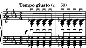 \new PianoStaff<< \relative{ \key ees \major \time 2/4 \tempo "Tempo giusto" 2 = 50 \grace{s8} \repeat unfold 2{ <ees' des bes g>8-.\downbow[ q-.\downbow q-.\downbow q-.\downbow]}}
\new Staff \relative{ \clef bass \key ees \major \grace{s8^\f} \repeat unfold 2{ <fes ces aes fes>8-.\downbow[ q-.\downbow q-.\downbow q-.\downbow]}}>> \midi{\set Staff.midiInstrument = #"string ensemble 1"}