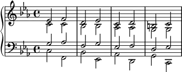 
    {
      \new PianoStaff <<
        \new Staff <<
            \new Voice \relative c' {
                \key c \minor
                \stemUp es2 f d es c d b c
                }
            \new Voice \relative c' {
                \stemDown c2 c bes bes aes aes g g
                }
            >>
        \new Staff <<
            \new Voice \relative c' {
                \clef F
                \key c \minor
                \stemUp g2 aes f g es f d es 
                }
            \new Voice \relative c {
                \stemDown c f, bes es, aes d, g c,
                }
            >>
    >> }

