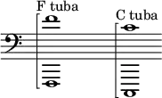 
    {
      \new Staff \with { \omit Score.TimeSignature }
      \clef bass \key c \major
      \cadenzaOn \omit Stem
      s4 ^ \markup "F tuba"
      \arpeggioBracket <f,, f'>1 \arpeggio
      \once \hide r1
      s4 ^ \markup "C tuba"
      \arpeggioBracket <c,, c'>1 \arpeggio
    }
  