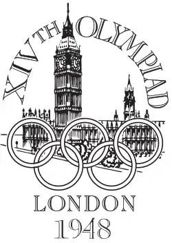 The Palace of Westminster, a Gothic architecture building with two towers, sits behind the Olympic rings. The words "XIVth Olympiad" is written across the top in a semi-circular shape, while the words "London 1948" is written at the bottom of the logo.