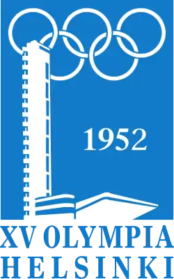 A solid blue background is intruded on its left side by a structure, shaded in white, representing the tower and stand of the Helsinki Olympic Stadium. The Olympic rings, also white, lie at the top of the blue background, partly obscured by the stadium's tower. The word "1952" is written in white in the middle of the blue background, while "XV Olympia Helsinki" is written in blue, beneath the image.