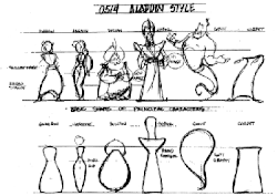 A style guide, depicting above the characters, and below the geometrical shapes they follow. Notes on design, such as "High hip" for Jasmine and "Broad shoulders" for Jafar are scattered through the page. Atop the page is written "0514 – Aladdin Style"