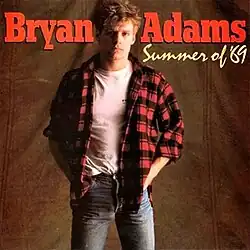 Bryan Adams standing with both hands in his jeans pockets, wearing a red-and-black checkered flannel shirt over a white T-shirt against a brown background. His name appears in red at the top, and the song title "Summer of '69" appears in yellow on the right.