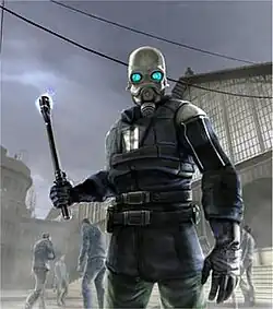 An artwork depicting an masked black-clad police officer working for the Combine, wielding a stun baton