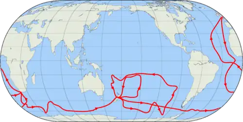 A map of the entire globe, with lines showing the track of Cook's second voyage