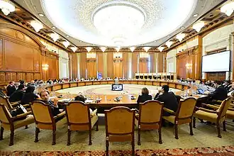 The palace's crystal chandeliers were manufactured at Vitrometan Mediaș glass factory.[38] Manufacturing the 480 chandeliers took two years.