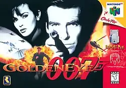 Black and white images of a man pointing a gun at the viewer, a woman and an antenna are seen at the top of the image, while at the bottom a man runs from an explosion and a helicopter flies. In the foreground is the title "GoldenEye 007", on the bottom left corner the Rare logo, and on the right side game specifications.