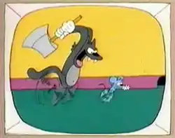 A cartoon of a gray cat chasing a blue mouse with an axe in his hand.