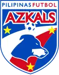 A blue, red, white, and gold crest featuring a dog's head, a football, and the nickname of the national team, The Azkals