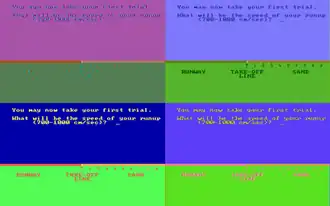 Microsoft Decathlon. Top: game in composite mode; bottom: game in RGB mode; left: with RGB monitor; right: with composite monitor.