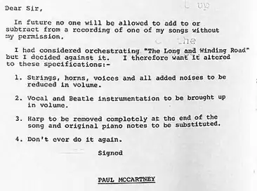 A scan of the contents of McCartney's letter to Allen Klein in April 1970 regarding "The Long and Winding Road"
