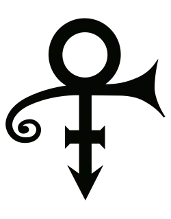 Logo. Hollow circle above downward arrow crossed with a curlicued horn-shaped symbol and then a short bar