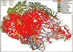 The "Red Map",[138] based on the 1910 census. Regions with population density below 20 persons/km2 (52 persons/sq&nbsp;mi)[139] are left blank and the corresponding population is represented in the nearest region with population density above that limit. Red colour to mark Hungarians and light purple colour to mark Romanians.