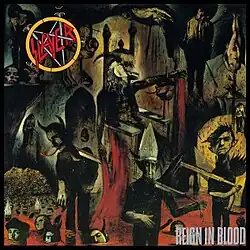 An image of the album cover featuring a demonic creature being carried on a chair by two people on each side. These people are carrying it over a sea of blood where several heads of corpses are floating. In the top left corner of the album is Slayer's logo while in the bottom right corner is the album title "Reign in Blood".