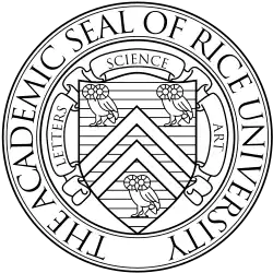 The academic seal of Rice University. A shield divided by a chevron, carrying three owls as charges, with scrollwork saying LETTERS, SCIENCE, ART