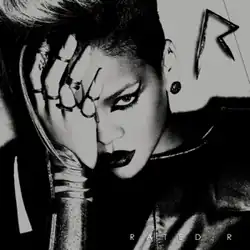 A black-and-white image of Rihanna wearing a leather jacket. Her hair is side-shaved, wears dark lipstick and her eye is covered with her hand. In the upper-right corner there is a metal 'R' sign, while in the bottom-right corner the words 'Rated R' are written in white letters.