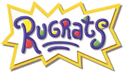 The word "Rugrats" and two small underlines in dark blue written in a child's handwriting, with red, yellow and green dots, a white background and a jagged yellow border.