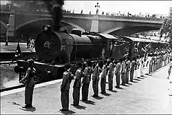 Train to Pakistan being given an honor-guard send-off. New Delhi railway station, 1947.